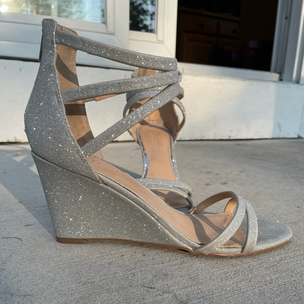 Silver sparkly Badgley Mischka wedges.